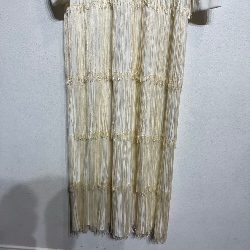White Vintage Fringe Long Sleeve Maxi Dress Sz M - Picture 4 of 13